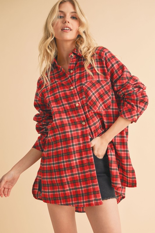 Aemi + Co Plaid Button Up Flannel Shirt with Chest Pocket Deep Red