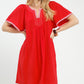 Umgee Linen Trim Tunic Dress: vibrant red short-sleeved with gathered waist