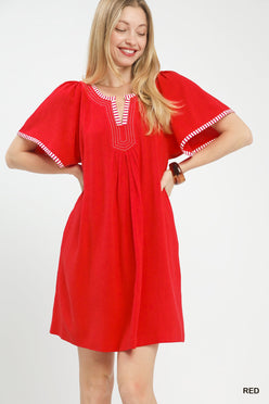 Umgee Linen Trim Tunic Dress: vibrant red short-sleeved with gathered waist