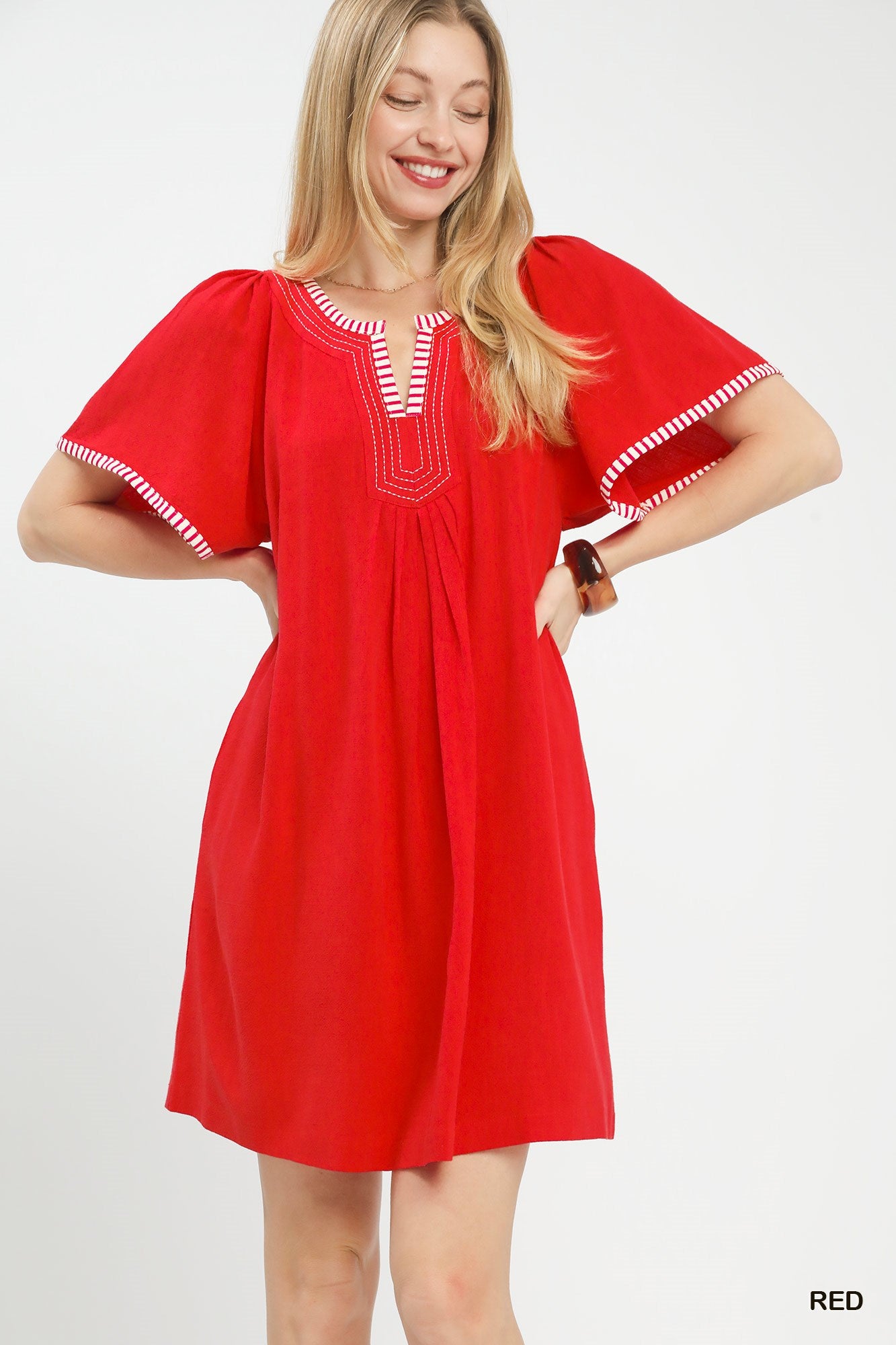 Umgee Linen Trim Tunic Dress: vibrant red short-sleeved with gathered waist