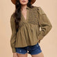 Annie Wear Smocked Front Long Sleeve Babydoll Blouse Blouses