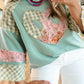 Mint green plaid floral peace heart long sleeve top with ruffled cuffs