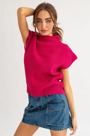 Turtle Neck Power Shoulder Sweater Vest FUCHSIA L Sweaters