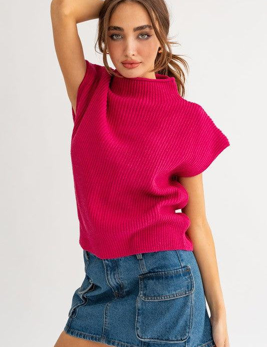 Turtle Neck Power Shoulder Sweater Vest FUCHSIA L Sweaters