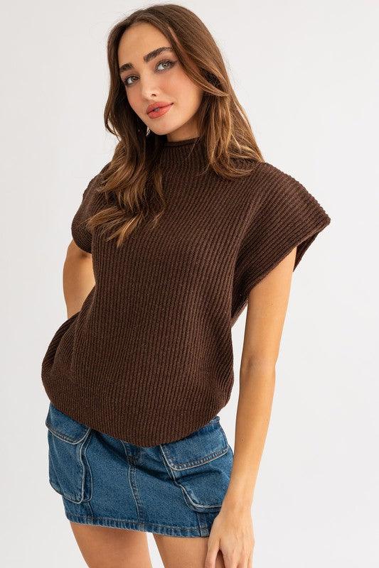 Turtle Neck Power Shoulder Sweater Vest BROWN Sweaters