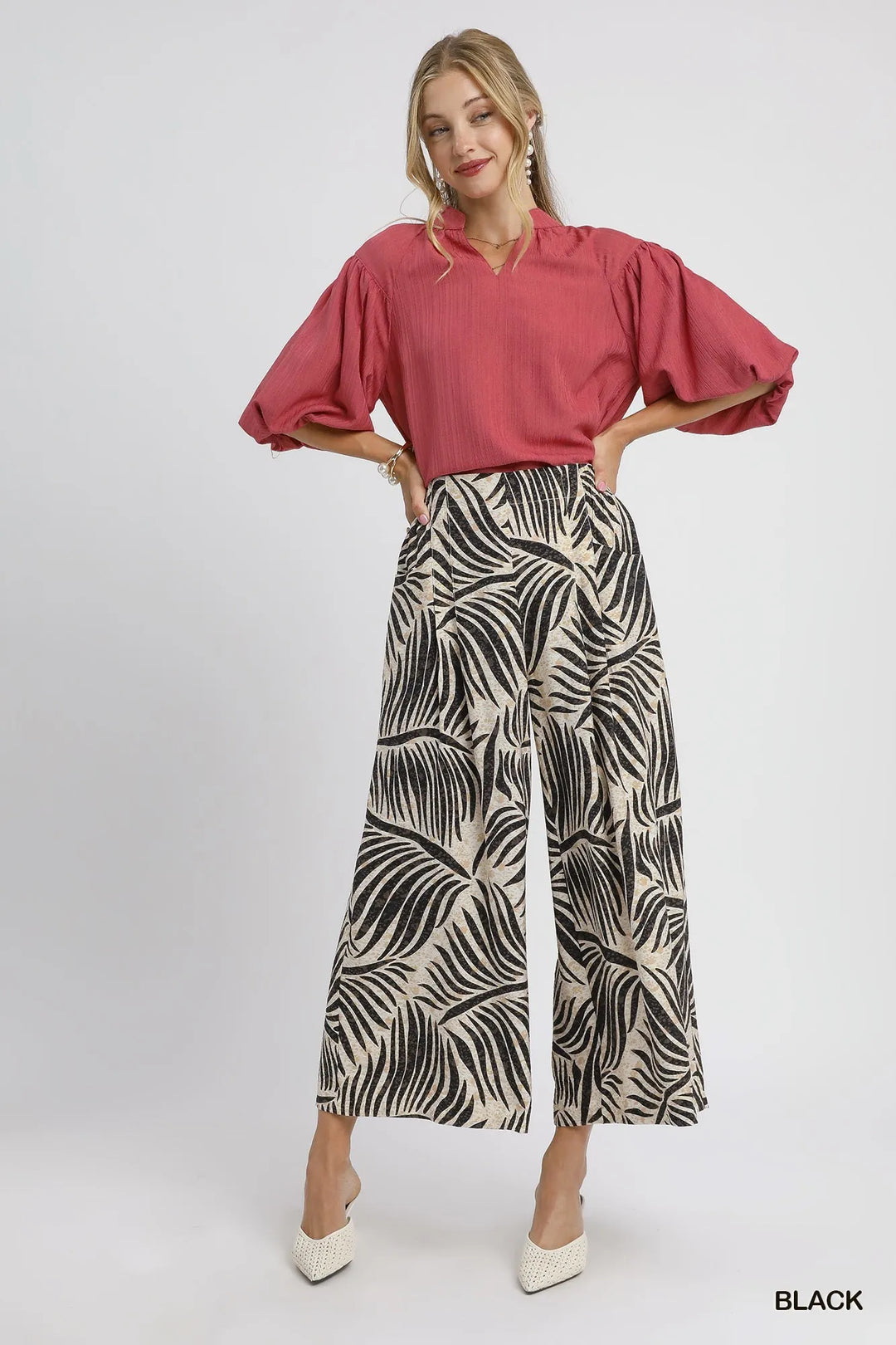 Umgee Palm Leaf Print Wide Leg Culotte Pants Pants