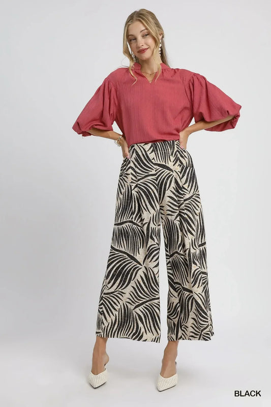 Umgee Palm Leaf Print Wide Leg Culotte Pants - DAVERRI FASHIONS