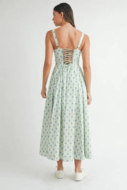 MABLE Floral Print Bustier Back Lace Up Midi Dress | Daverri Fashions