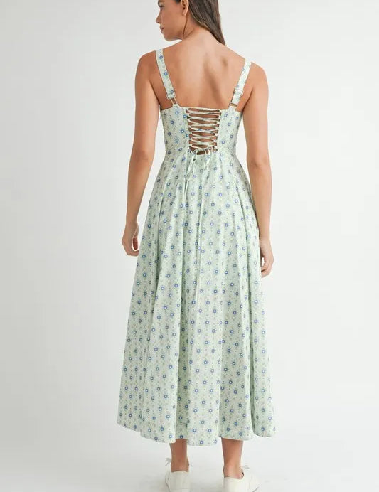 MABLE Floral Print Bustier Back Lace Up Midi Dress | Daverri Fashions