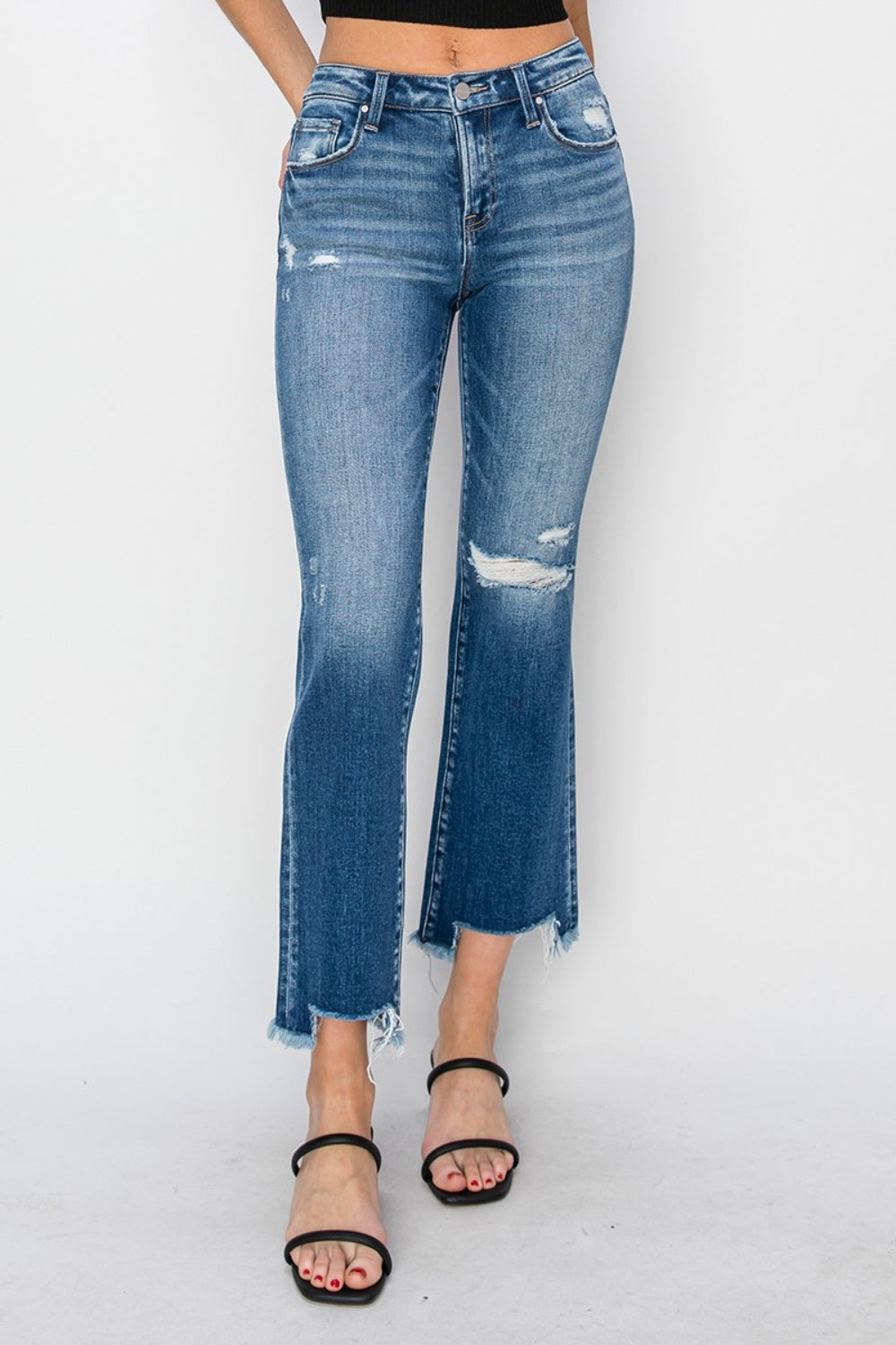 Dark RISEN Full Size Frayed Step Hem Ankle Straight Jeans | Daverri Fashions