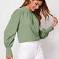 Stylish olive green ruched mock neck blouse with puffed sleeves