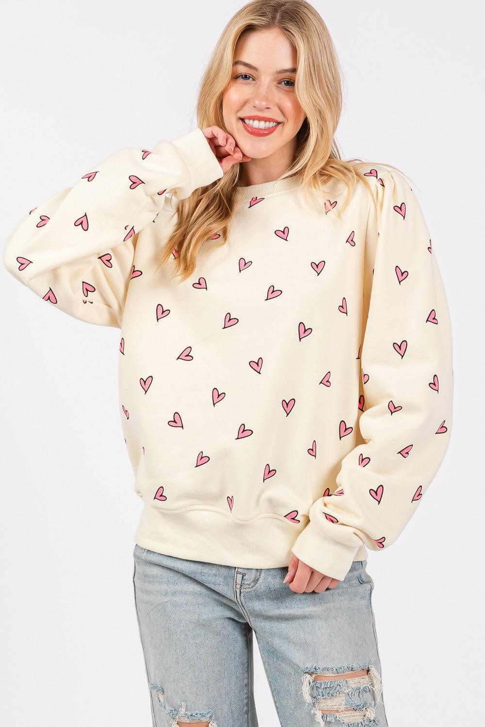 SAGE + FIG Heart Printed Contrast Long Sleeve Sweatshirt - DAVERRI FASHIONS