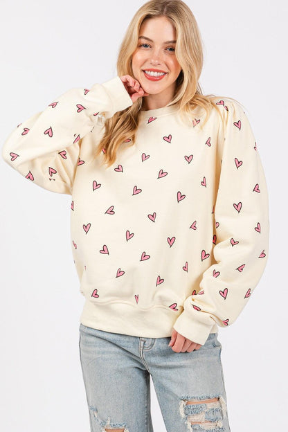 SAGE + FIG Heart Printed Contrast Long Sleeve Sweatshirt - DAVERRI FASHIONS