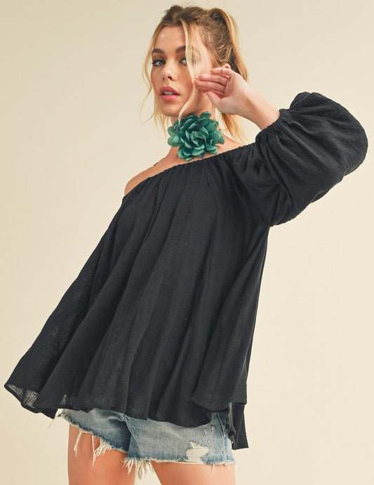 Aemi + Co Off-Shoulder Balloon Sleeve Blouse Black Black Blouses