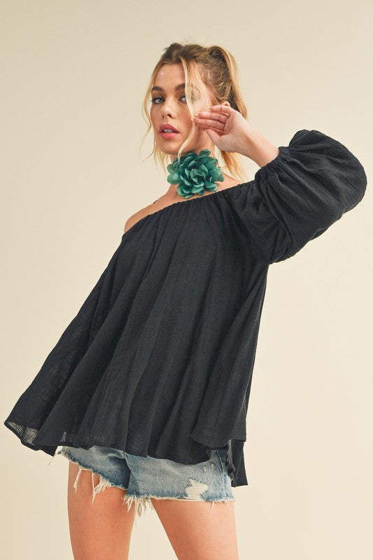 Aemi + Co Off-Shoulder Balloon Sleeve Blouse Black Black Blouses