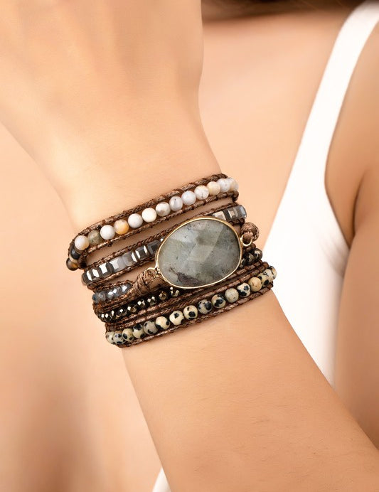 Natural Agate Stone Beaded Wrap Bracelet Grey one size Bracelets