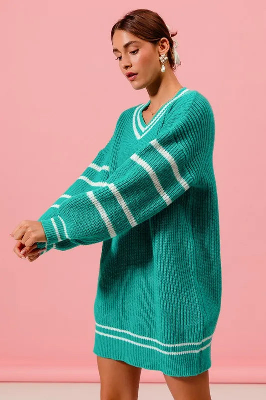 SO ME Loose V Neck Sweater Dress with Striped Sleeves