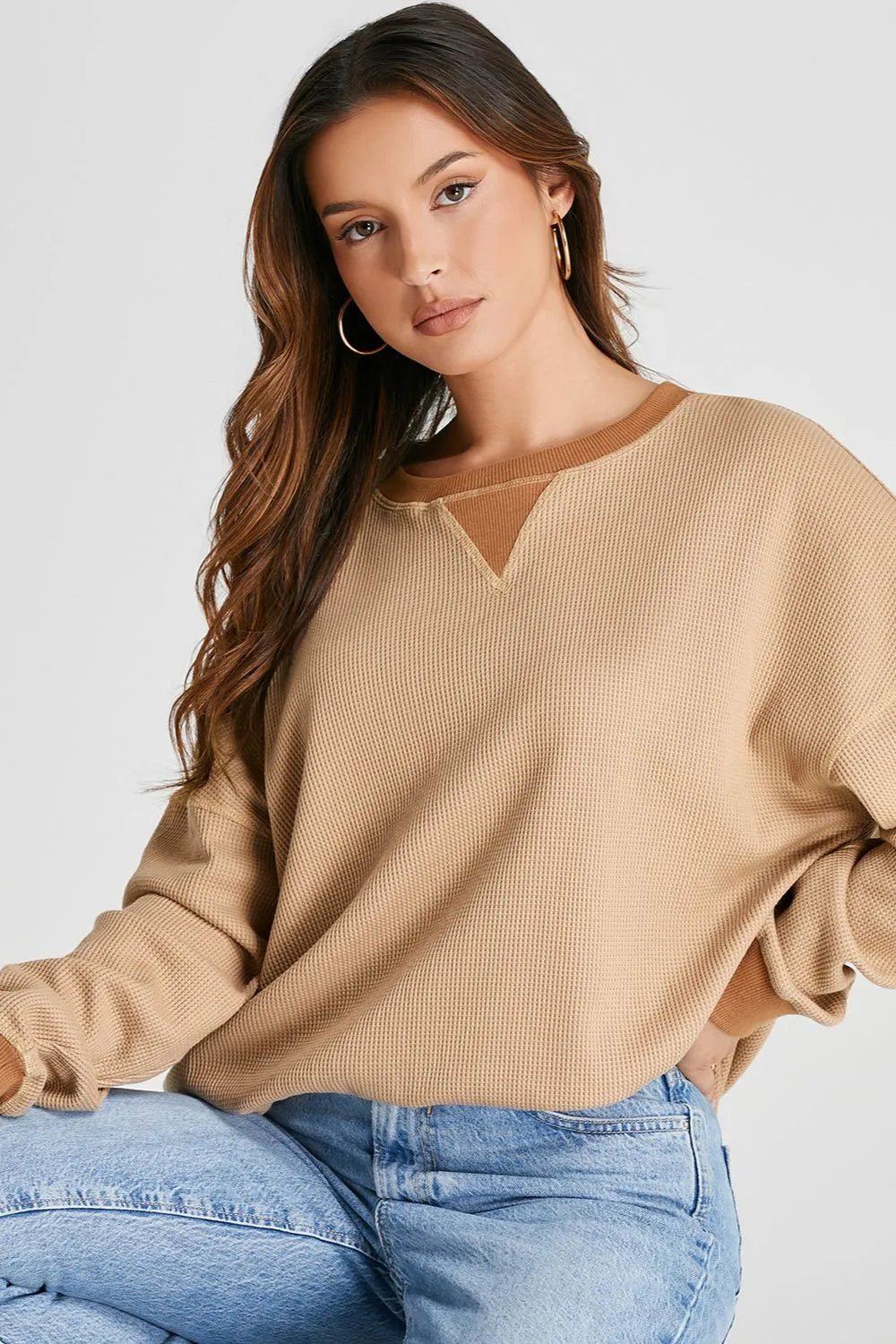 Waffle-Knit Long Sleeve Sweatshirt | Sweatshirts Daverri Fashions