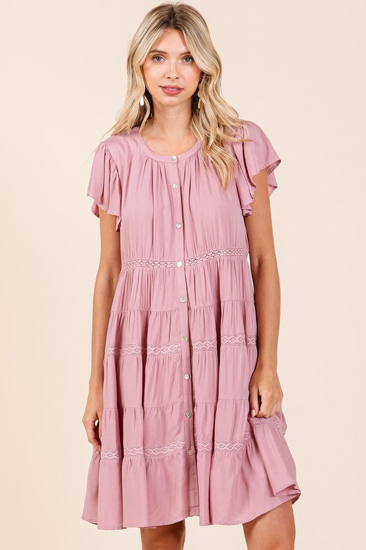 Mittoshop Lace Detail Ruffled Button Down Tiered Dress Dusty Pink