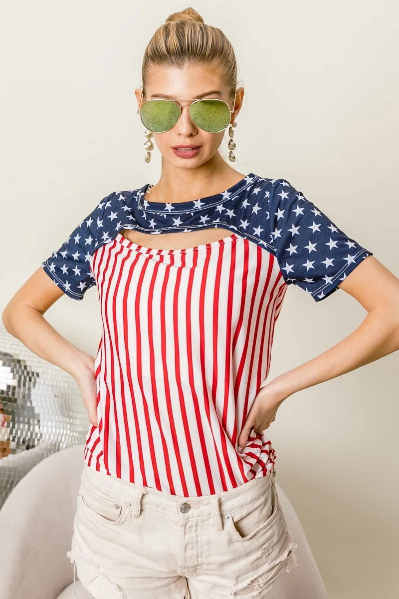 BiBi American Flag Theme Front Cut Out Top Tops