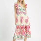 Umgee Boho Border Print Ruffle Midi Dress in pink cream floral pattern