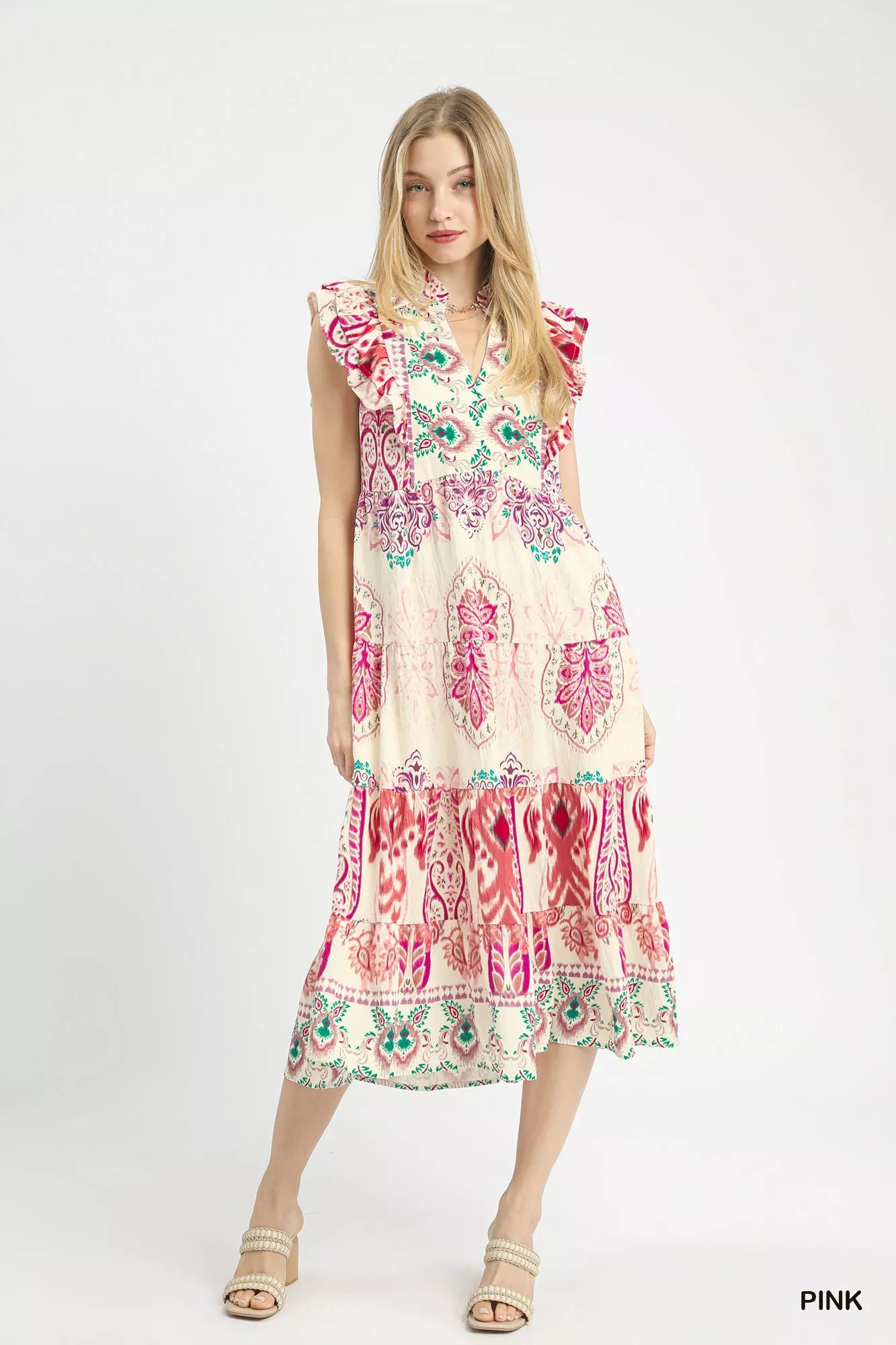Umgee Boho Border Print Ruffle Midi Dress in pink cream floral pattern