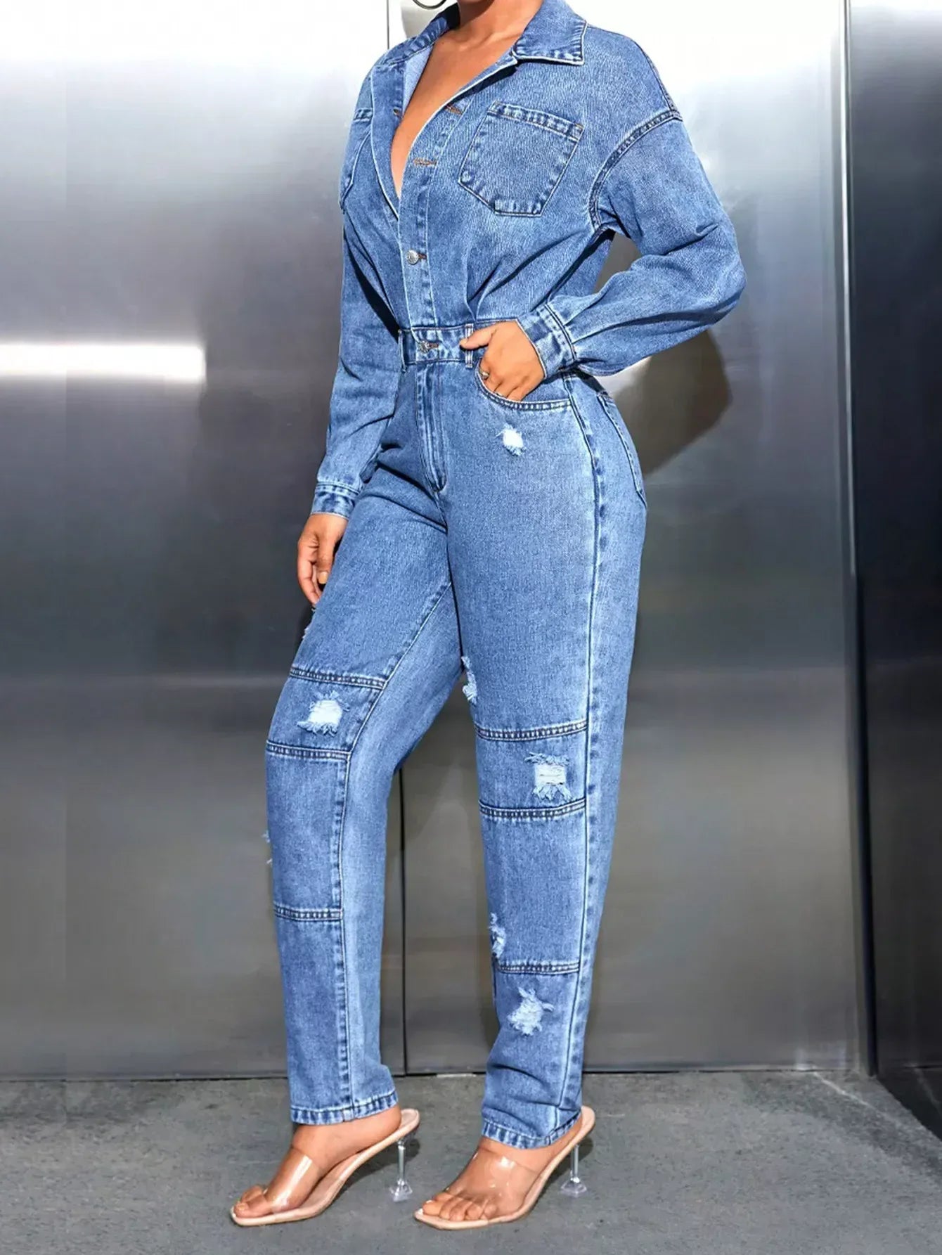 Distressed Long Sleeve Denim Jumpsuit - DAVERRI FASHIONS