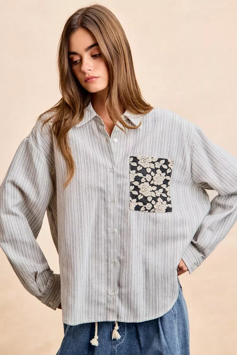 BiBi Flower Jacquard Knit Patch Pocket Stripe Shirt in gray and white