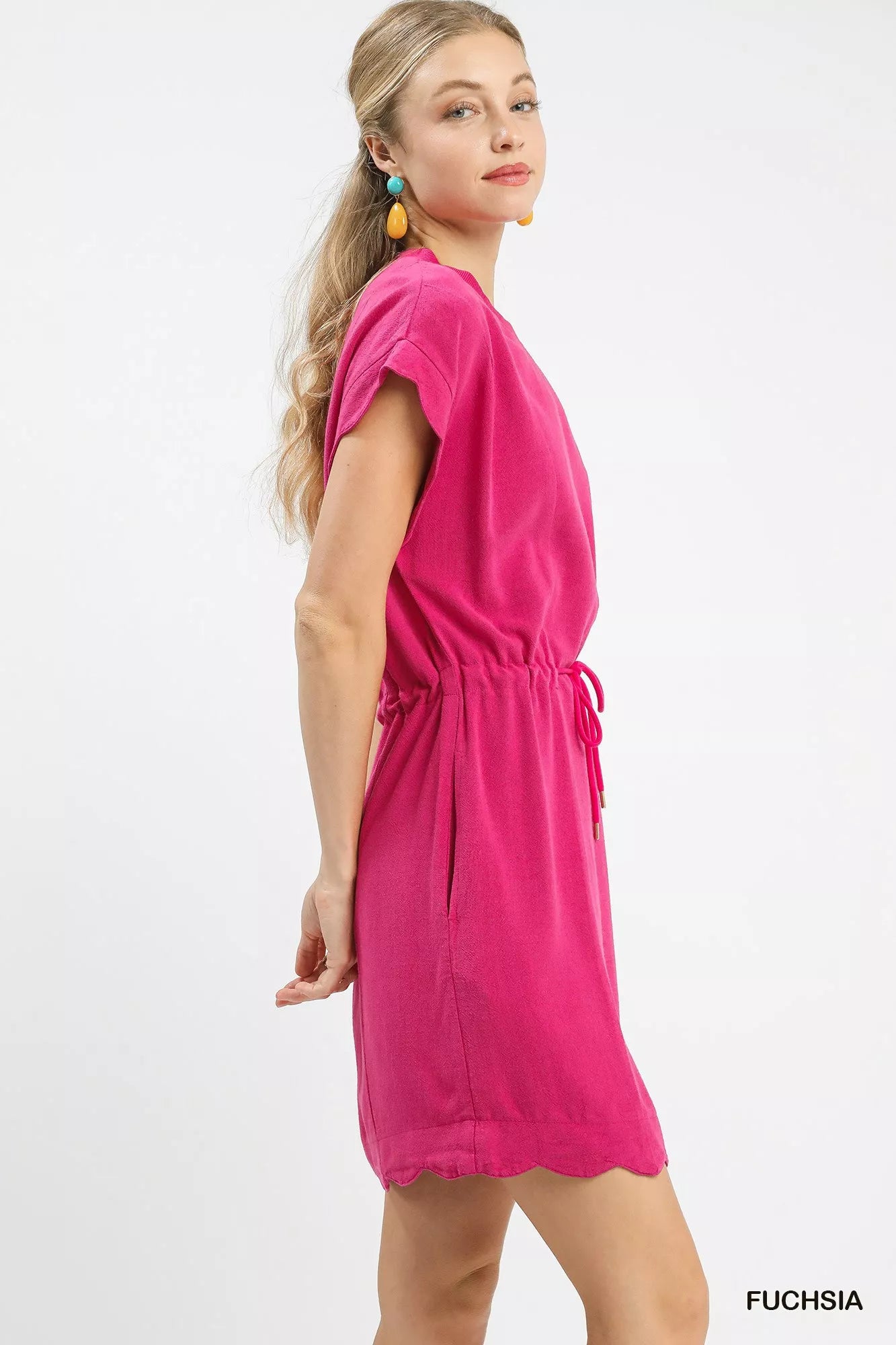 Fuchsia Umgee linen blend scallop hem mini dress with drawstring waist
