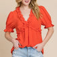 Lime 'N' Chili Solid Ruffled Deep V-Neck Puff Sleeve Babydoll Top - DAVERRI FASHIONS