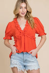 Lime 'N' Chili Solid Ruffled Deep V-Neck Puff Sleeve Babydoll Top - DAVERRI FASHIONS