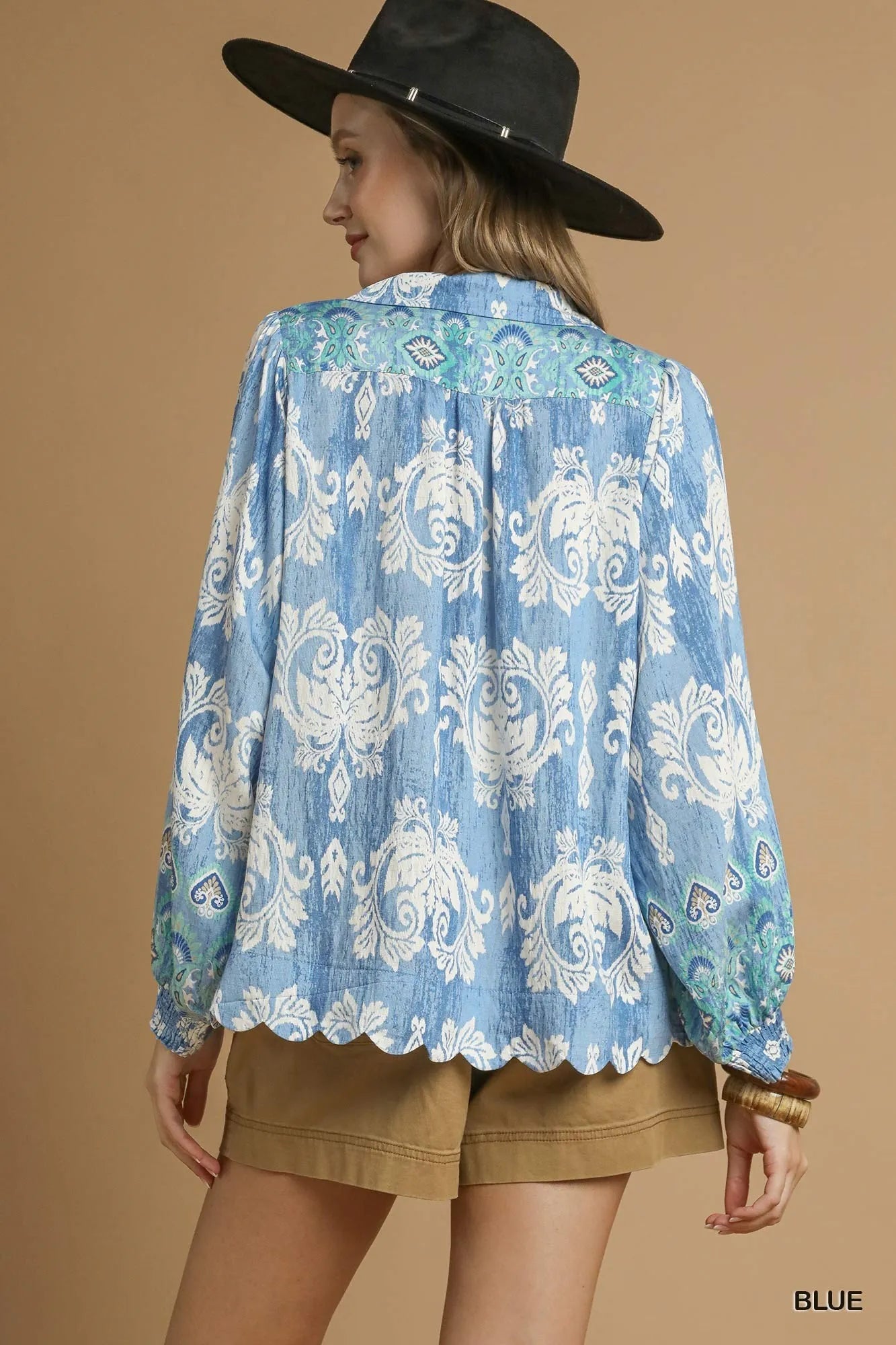 Umgee Printed Long Sleeve Blouse Blouses