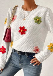 Crochet Flower Round Neck Long Sleeve Sweater | Sweaters Daverri Fashions