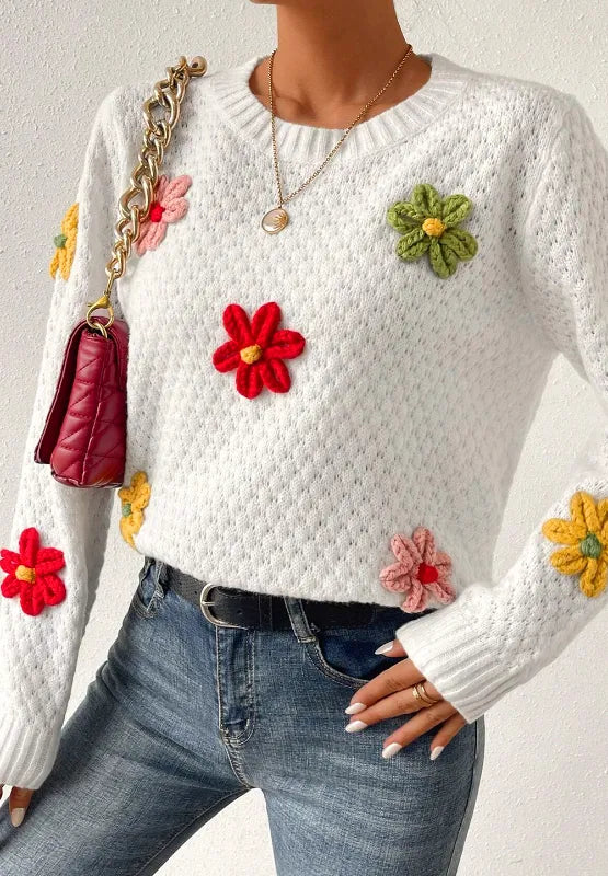 Crochet Flower Round Neck Long Sleeve Sweater | Sweaters Daverri Fashions