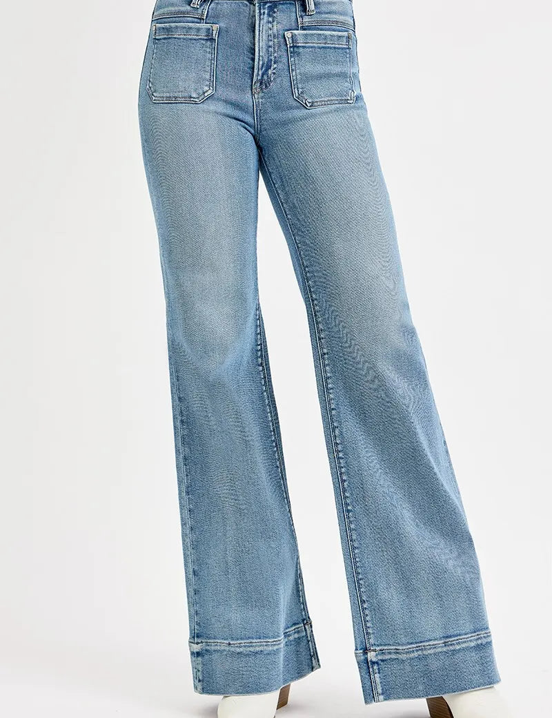 MEDIUM RISEN Full Size High Rise Wide Flare Patch Pocket Jeans | Jeans Daverri Fashions