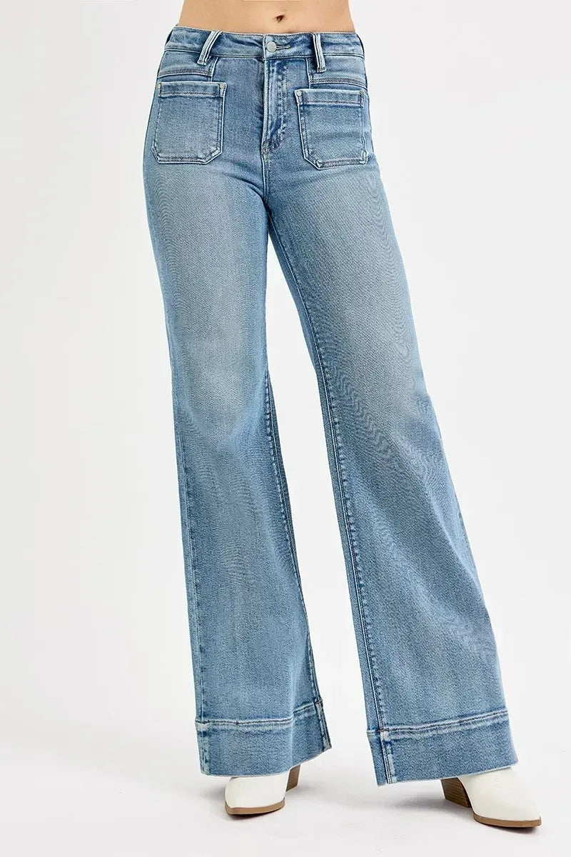 RISEN Full Size High Rise Wide Flare Patch Pocket Jeans - DAVERRI FASHIONS