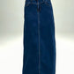 Raw Hem Maxi Denim Skirt with deep blue denim, straight cut, frayed hem, button front