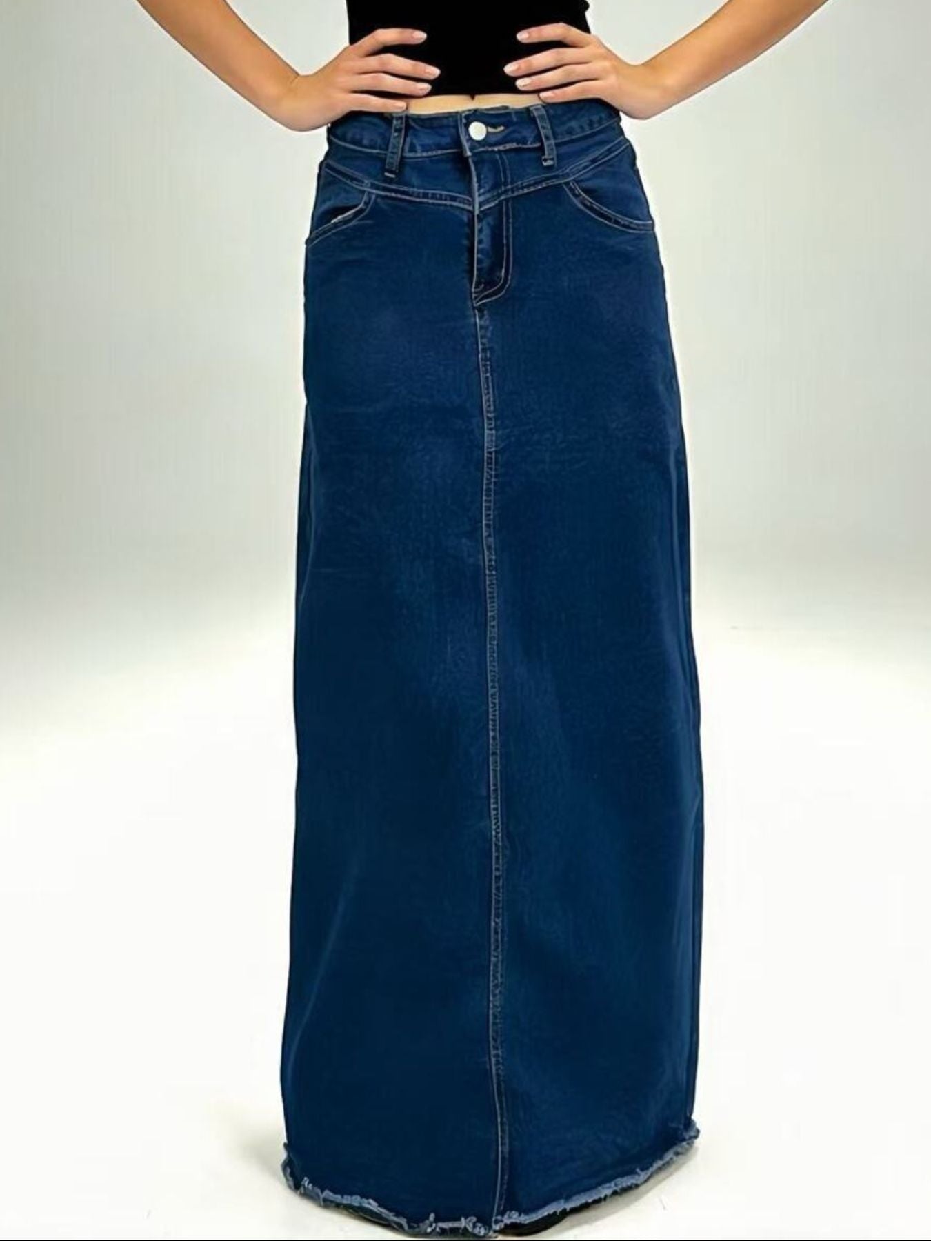 Raw Hem Maxi Denim Skirt with deep blue denim, straight cut, frayed hem, button front