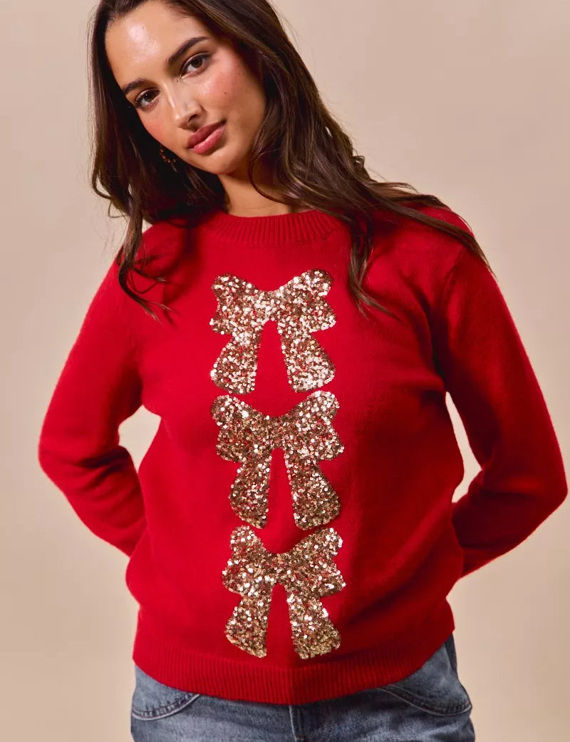 RED GOLD SO ME Sequins Bow Ribbon Embellished Christmas Sweater | Daverri Fashions