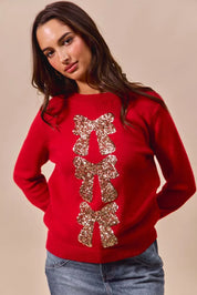 RED GOLD SO ME Sequins Bow Ribbon Embellished Christmas Sweater | Daverri Fashions