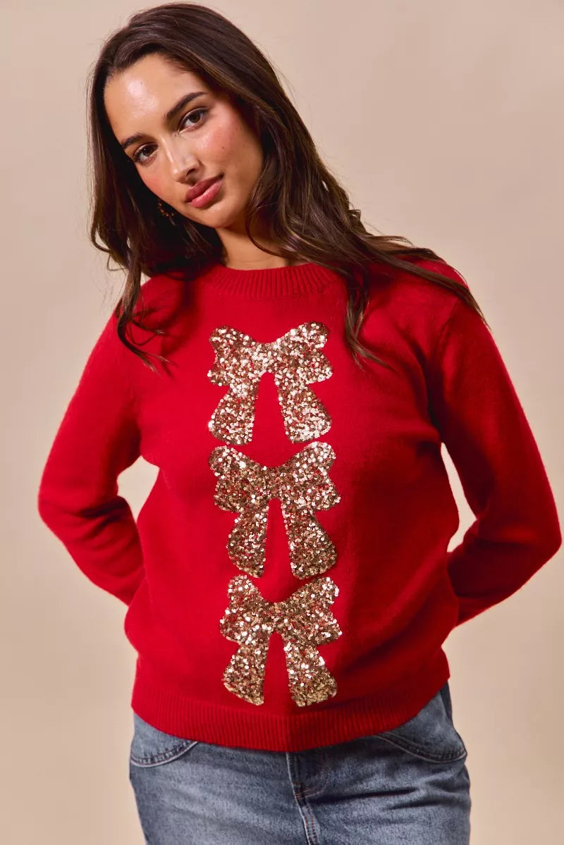 RED GOLD SO ME Sequins Bow Ribbon Embellished Christmas Sweater | Daverri Fashions