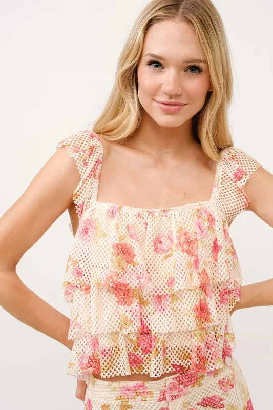 And The Why Tiered Ruffled Floral Fishnet Top