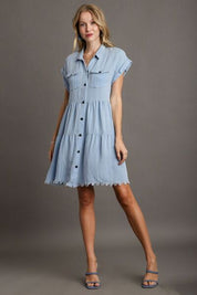 Umgee Frayed Hemline Button Down Shirt Dress Light Blue Mini Dresses