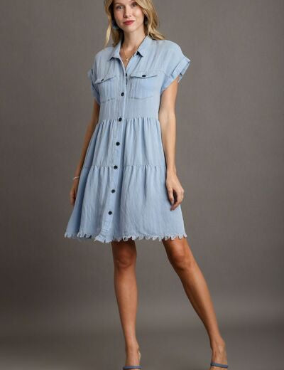 Umgee Frayed Hemline Button Down Shirt Dress Light Blue Mini Dresses