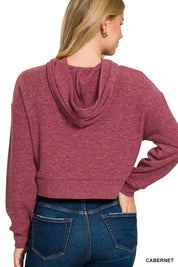 Drop Shoulder Ribbed Crop Hoodie Cabernet | Hoodies Daverri Fashions
