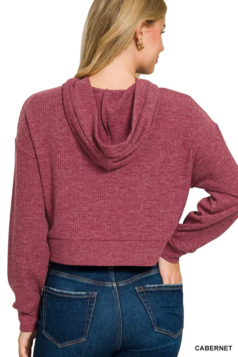 Drop Shoulder Ribbed Crop Hoodie Cabernet | Hoodies Daverri Fashions