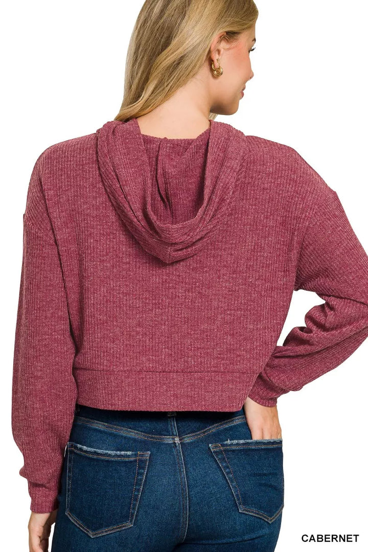 Drop Shoulder Ribbed Crop Hoodie Cabernet | Hoodies Daverri Fashions