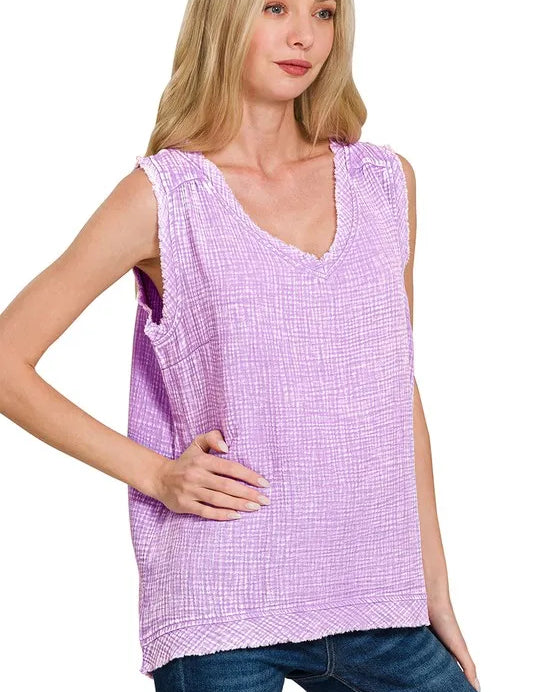Zenana Double Gauze Raw Edge Acid Washed Tank | Daverri Fashions