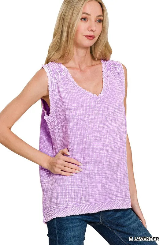 Zenana Double Gauze Raw Edge Acid Washed Tank | Daverri Fashions