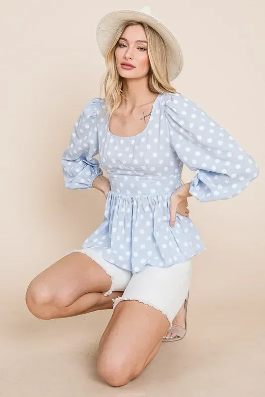 Lime 'N' Chili Polka Dot Print Balloon Sleeve Babydoll Peplum Top - DAVERRI FASHIONS